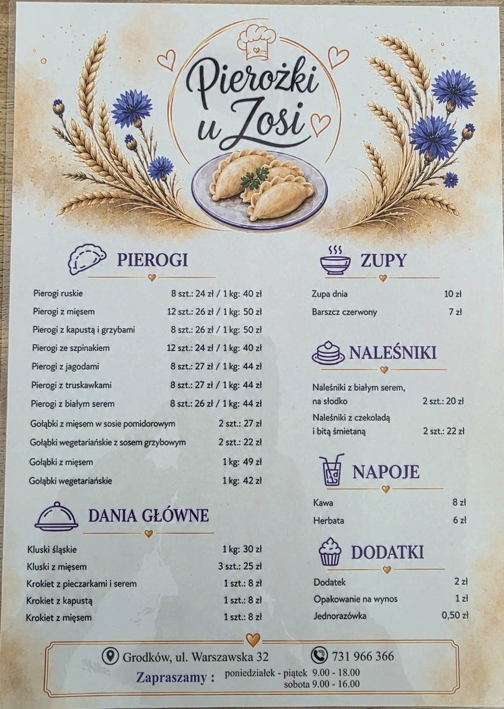 Menu pierogów Pierożki u Zosi w Grodkowie